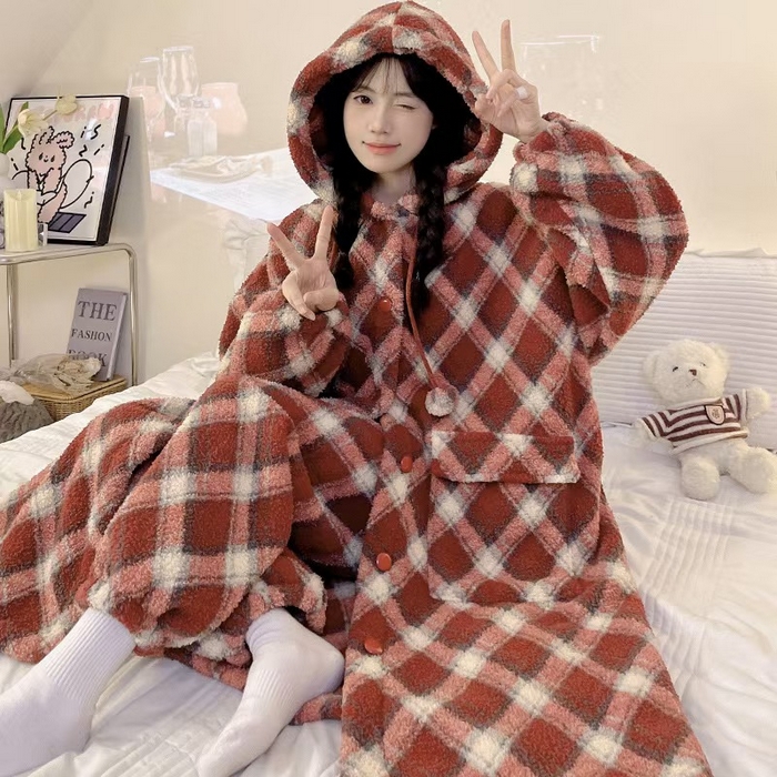 91家纺网 家纺一手货源 找家纺 （总）洛兰沙家居馆 2025新款珊瑚绒睡袍女款秋冬季天卡通可爱连帽睡衣加绒加厚保暖家居服套装