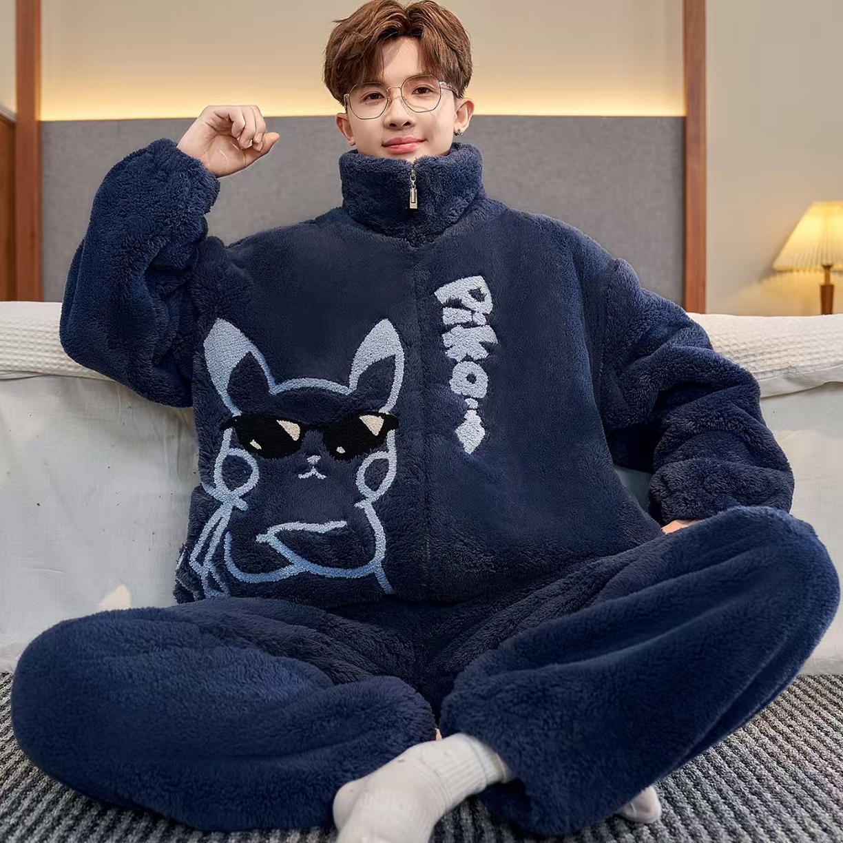 91家纺网 家纺一手货源 找家纺 （总）洛兰沙家居馆 2025新款珊瑚绒睡衣男士秋冬季加绒加厚冬天青少年大码家居服套装