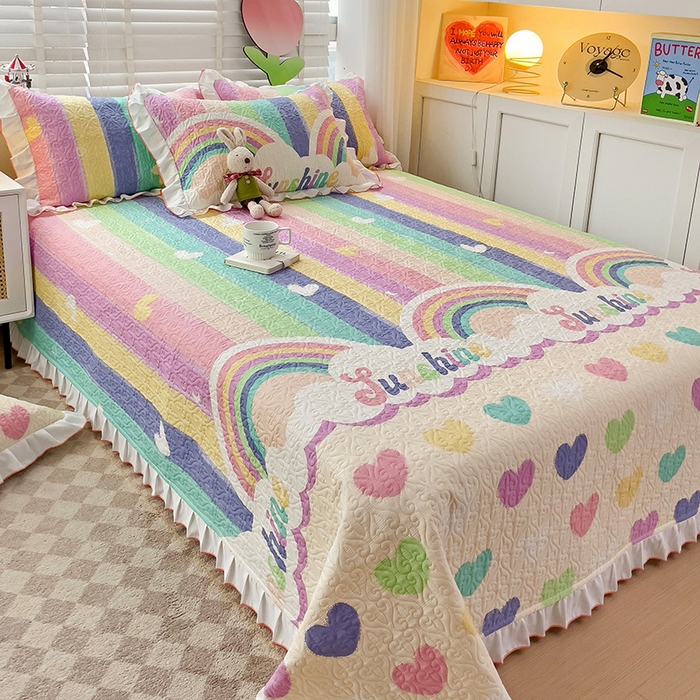 91家纺网 家纺一手货源 找家纺 羽爱家纺 2025新款全棉防滑花边床盖小彩虹