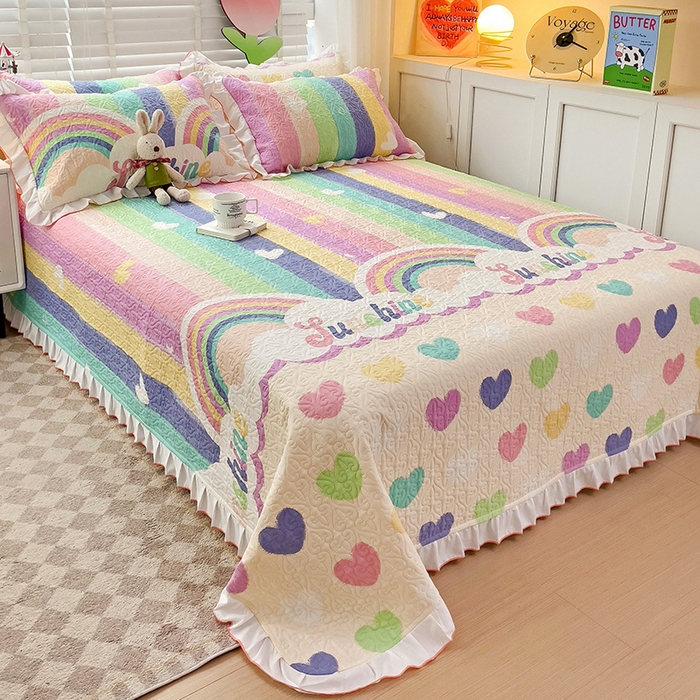 91家纺网 家纺一手货源 找家纺 羽爱家纺 2025新款全棉防滑花边床盖小彩虹