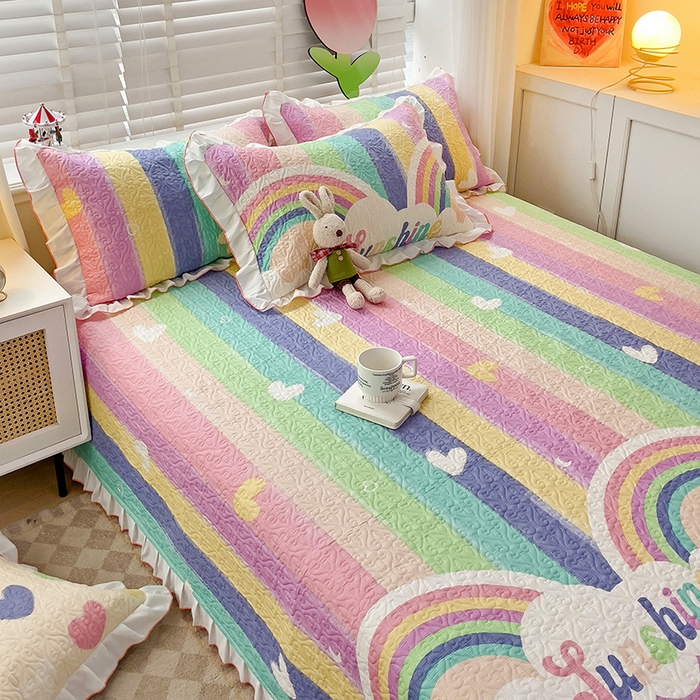 91家纺网 家纺一手货源 找家纺 羽爱家纺 2025新款全棉防滑花边床盖小彩虹