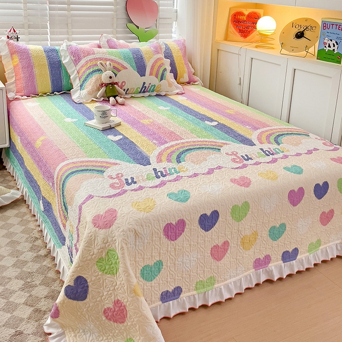 91家纺网 家纺一手货源 找家纺 羽爱家纺 2025新款全棉防滑花边床盖小彩虹