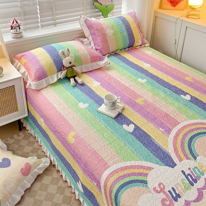 91家纺网 家纺一手货源 找家纺 羽爱家纺 2025新款全棉防滑花边床盖小彩虹