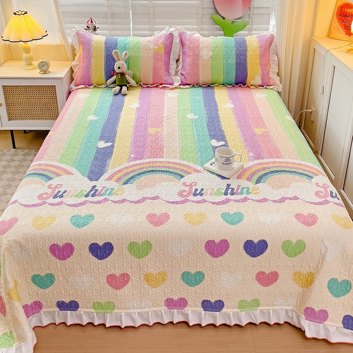 羽爱家纺 2025新款全棉防滑花边床盖小彩虹