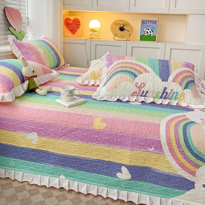 91家纺网 家纺一手货源 找家纺 羽爱家纺 2025新款全棉防滑花边床盖小彩虹