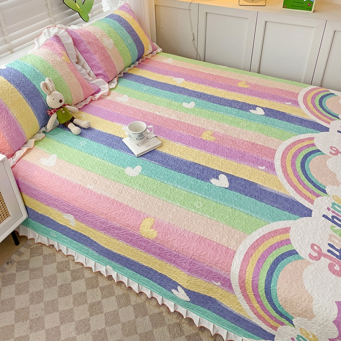 91家纺网 家纺一手货源 找家纺 羽爱家纺 2025新款全棉防滑花边床盖小彩虹