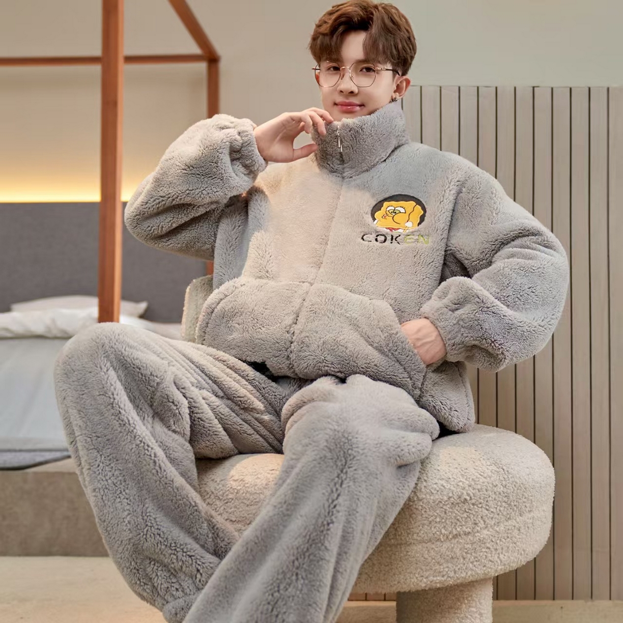 91家纺网 家纺一手货源 找家纺 （总）洛兰沙家居馆 2025新款珊瑚绒睡衣男士秋冬季加绒加厚冬天青少年大码家居服套装