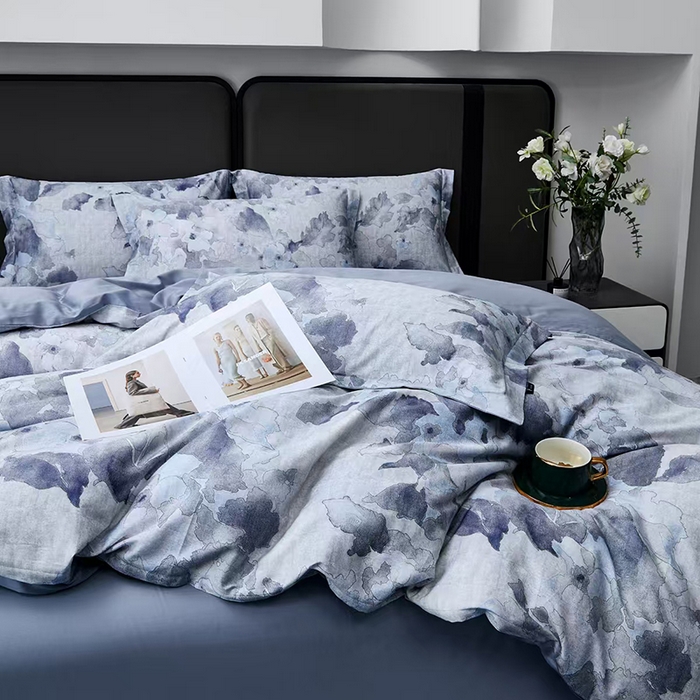 91家纺网 家纺一手货源 找家纺 玖玖爱家纺 2025新款长绒棉全棉数码印花四件套 半岛茶花紫