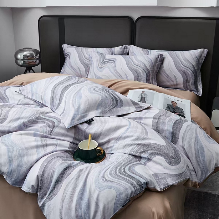 91家纺网 家纺一手货源 找家纺 玖玖爱家纺 2025新款长绒棉全棉数码印花四件套 水波逐流咖