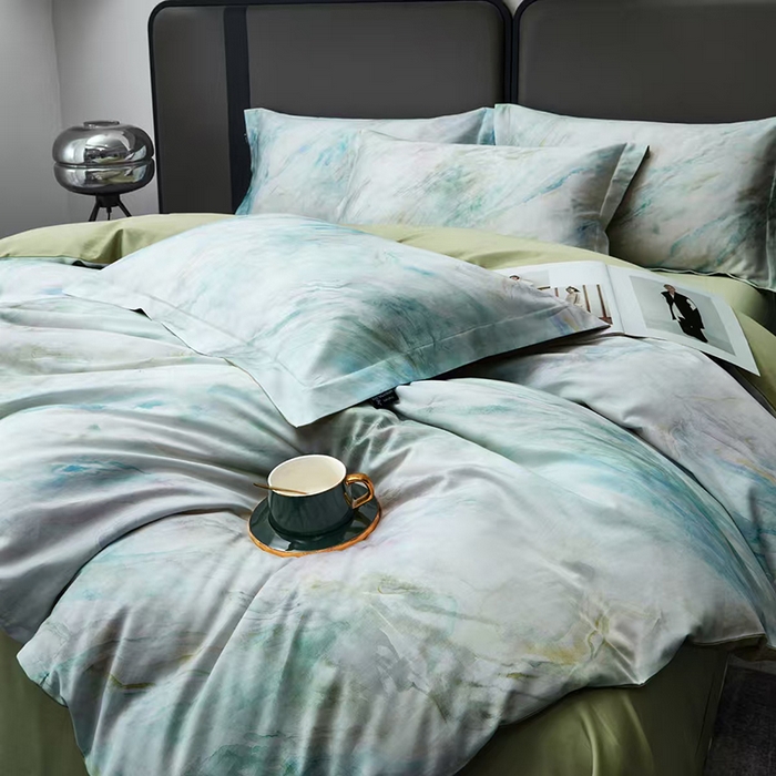 91家纺网 家纺一手货源 找家纺 玖玖爱家纺 2025新款长绒棉全棉数码印花四件套 天空之境绿