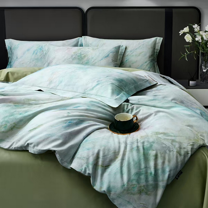 91家纺网 家纺一手货源 找家纺 玖玖爱家纺 2025新款长绒棉全棉数码印花四件套 天空之境绿