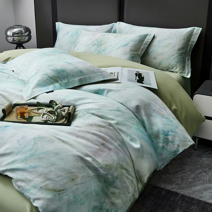 91家纺网 家纺一手货源 找家纺 玖玖爱家纺 2025新款长绒棉全棉数码印花四件套 天空之境绿