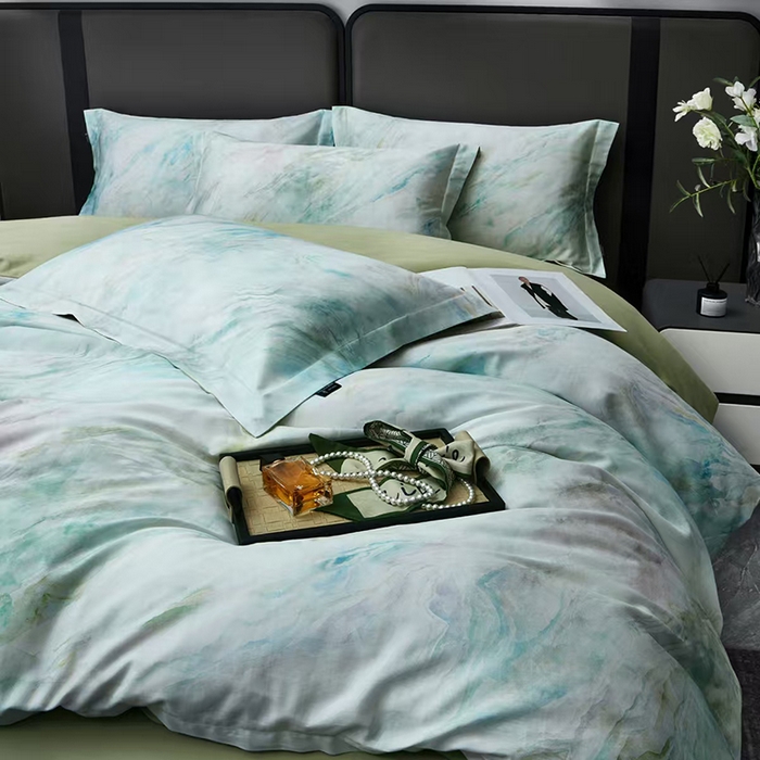 91家纺网 家纺一手货源 找家纺 玖玖爱家纺 2025新款长绒棉全棉数码印花四件套 天空之境绿