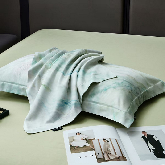 91家纺网 家纺一手货源 找家纺 玖玖爱家纺 2025新款长绒棉全棉数码印花四件套 天空之境绿