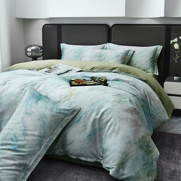 91家纺网 家纺一手货源 找家纺 玖玖爱家纺 2025新款长绒棉全棉数码印花四件套 天空之境绿