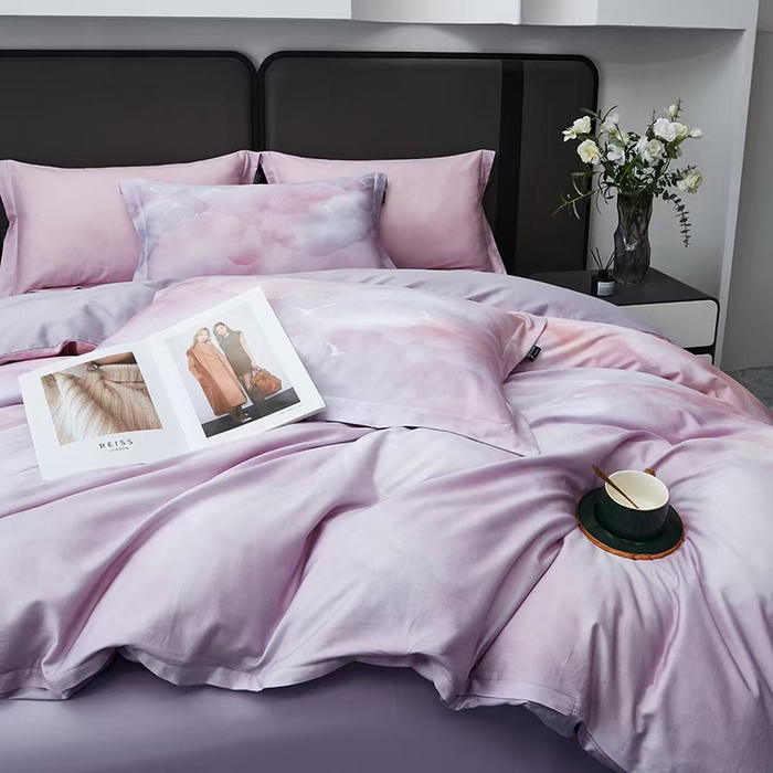 91家纺网 家纺一手货源 找家纺 玖玖爱家纺 2025新款长绒棉全棉数码印花四件套 云见粉