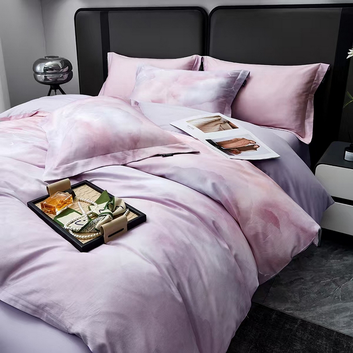 91家纺网 家纺一手货源 找家纺 玖玖爱家纺 2025新款长绒棉全棉数码印花四件套 云见粉