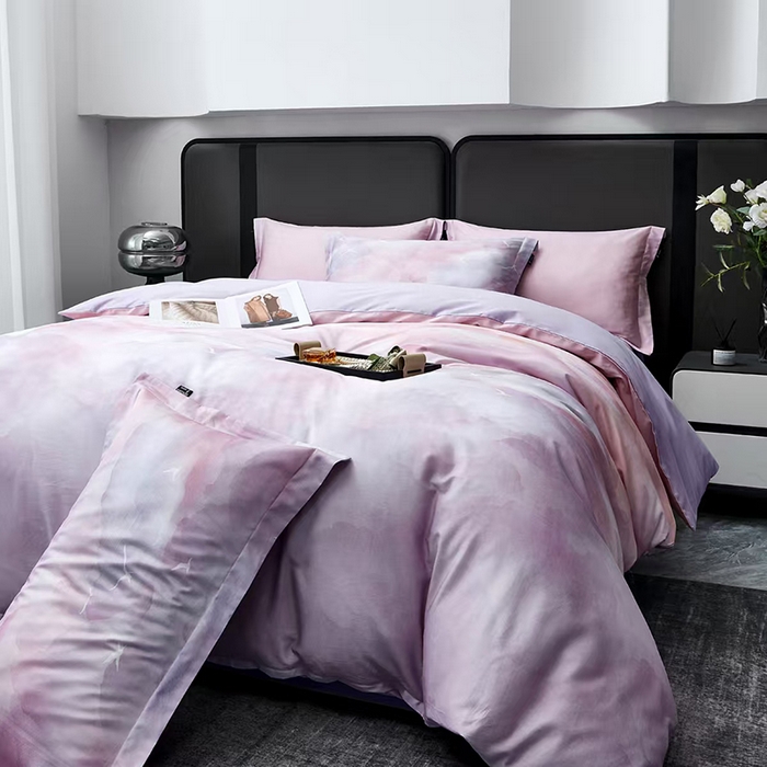 91家纺网 家纺一手货源 找家纺 玖玖爱家纺 2025新款长绒棉全棉数码印花四件套 云见粉