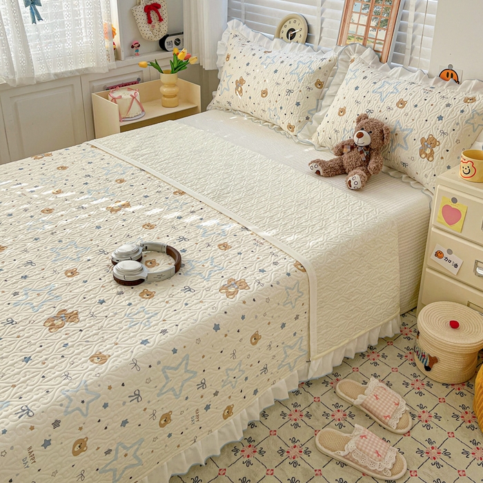 91家纺网 家纺一手货源 找家纺 羽爱家纺 2025新款全棉防滑花边床盖星星熊