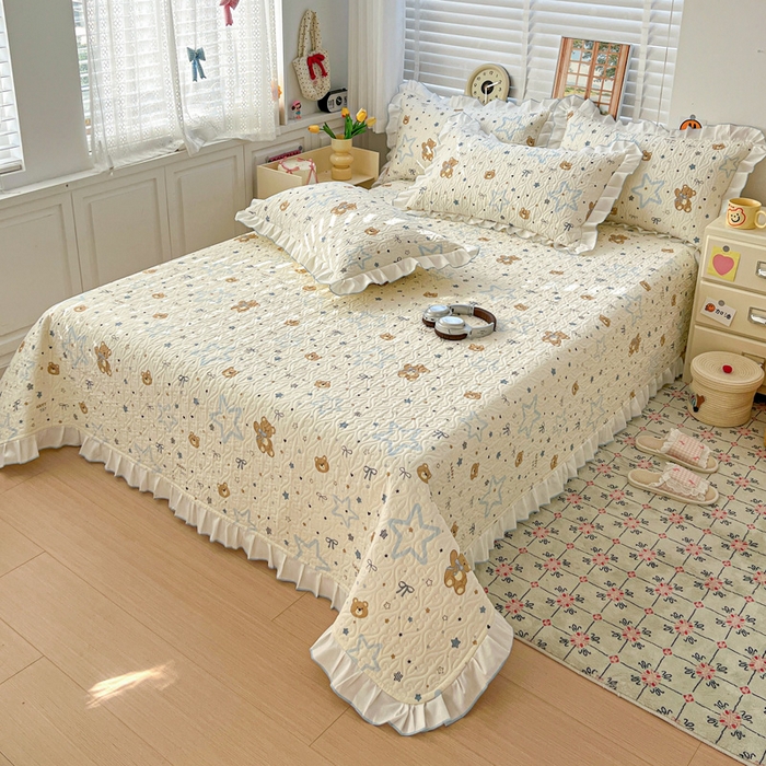 91家纺网 家纺一手货源 找家纺 羽爱家纺 2025新款全棉防滑花边床盖星星熊