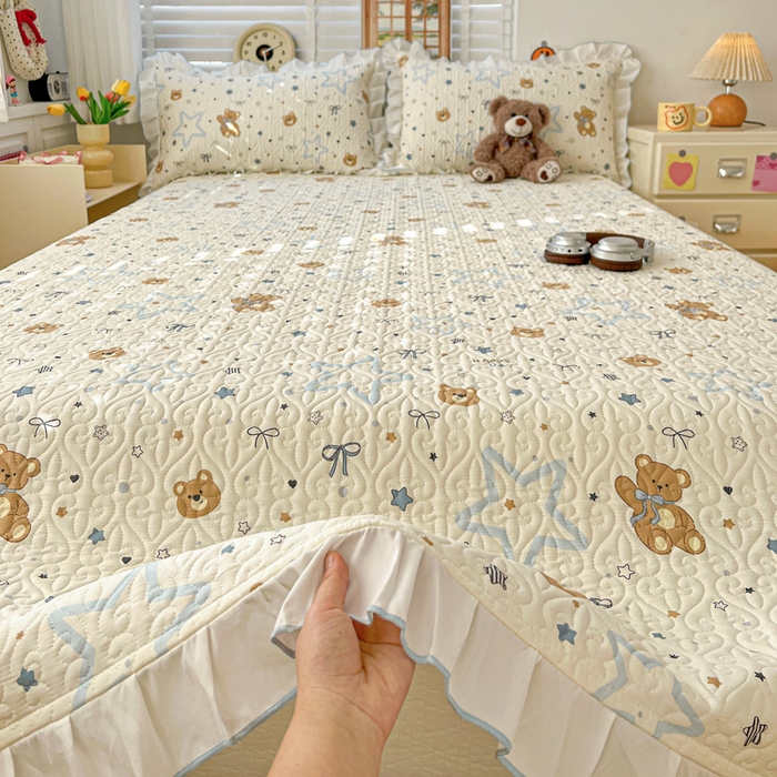 91家纺网 家纺一手货源 找家纺 羽爱家纺 2025新款全棉防滑花边床盖星星熊