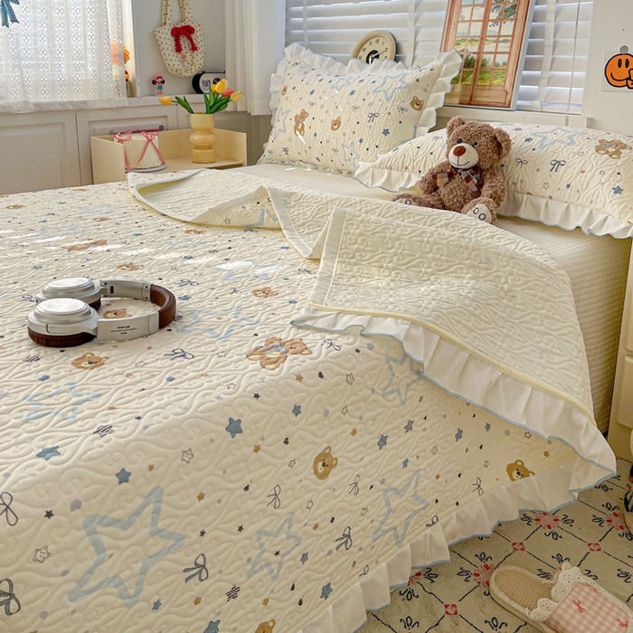 91家纺网 家纺一手货源 找家纺 羽爱家纺 2025新款全棉防滑花边床盖星星熊