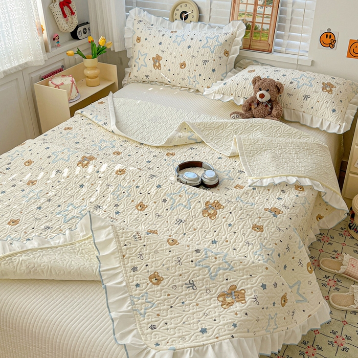 91家纺网 家纺一手货源 找家纺 羽爱家纺 2025新款全棉防滑花边床盖星星熊