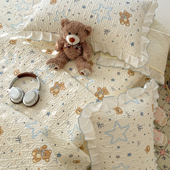 91家纺网 家纺一手货源 找家纺 羽爱家纺 2025新款全棉防滑花边床盖星星熊