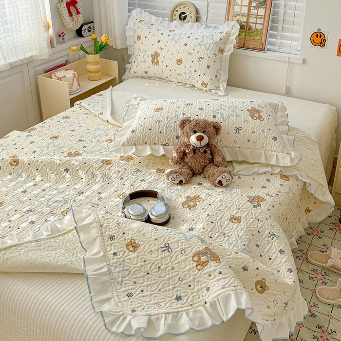 91家纺网 家纺一手货源 找家纺 羽爱家纺 2025新款全棉防滑花边床盖星星熊