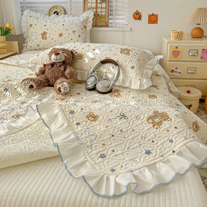 91家纺网 家纺一手货源 找家纺 羽爱家纺 2025新款全棉防滑花边床盖星星熊