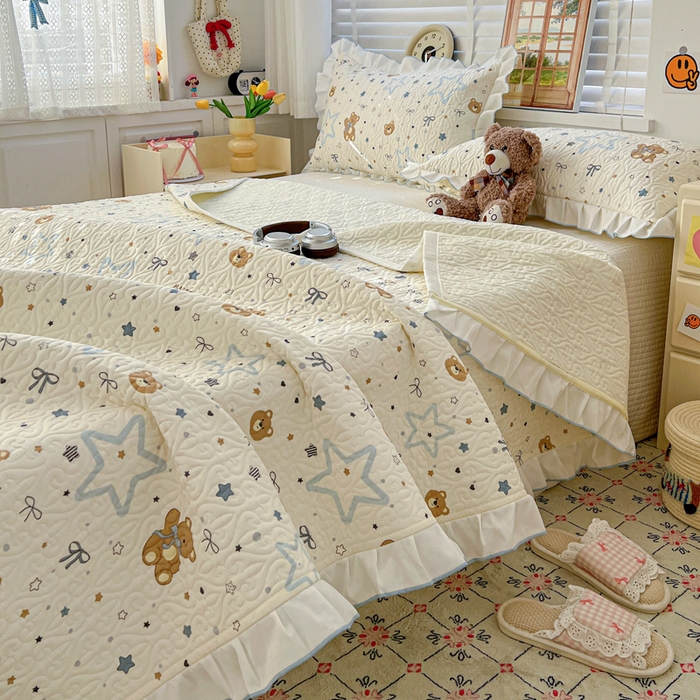 91家纺网 家纺一手货源 找家纺 羽爱家纺 2025新款全棉防滑花边床盖星星熊