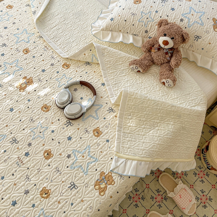 91家纺网 家纺一手货源 找家纺 羽爱家纺 2025新款全棉防滑花边床盖星星熊