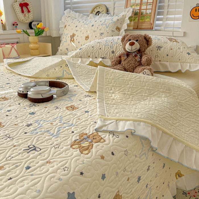 91家纺网 家纺一手货源 找家纺 羽爱家纺 2025新款全棉防滑花边床盖星星熊