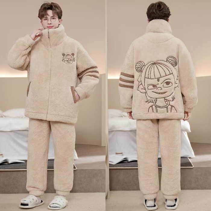 91家纺网 家纺一手货源 找家纺 （总）洛兰沙家居馆 2025新款睡衣男秋冬款加绒加厚珊瑚绒青少年冬天可外穿男士大码家居服套装