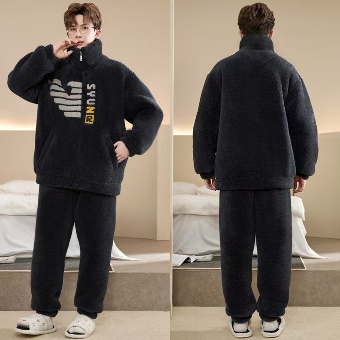 91家纺网 家纺一手货源 找家纺 （总）洛兰沙家居馆 2025新款睡衣男秋冬款加绒加厚珊瑚绒青少年冬天可外穿男士大码家居服套装