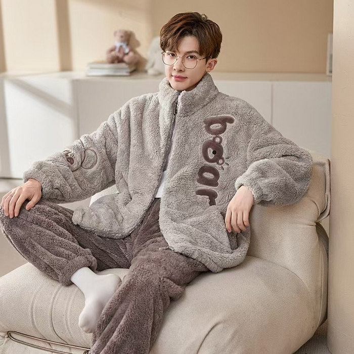 91家纺网 家纺一手货源 找家纺 （总）洛兰沙家居馆 2025新款睡衣男秋冬款加绒加厚珊瑚绒青少年冬天可外穿男士大码家居服套装