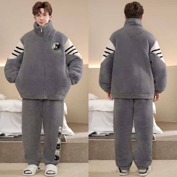 91家纺网 家纺一手货源 找家纺 （总）洛兰沙家居馆 2025新款睡衣男秋冬款加绒加厚珊瑚绒青少年冬天可外穿男士大码家居服套装