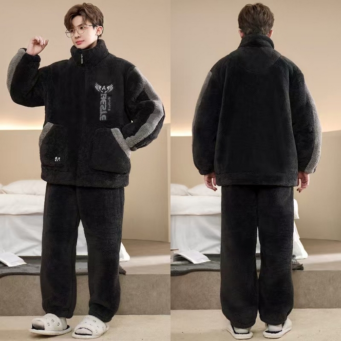 91家纺网 家纺一手货源 找家纺 （总）洛兰沙家居馆 2025新款睡衣男秋冬款加绒加厚珊瑚绒青少年冬天可外穿男士大码家居服套装