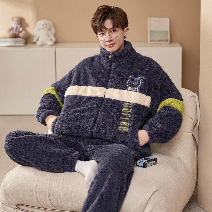 91家纺网 家纺一手货源 找家纺 （总）洛兰沙家居馆 2025新款睡衣男秋冬款加绒加厚珊瑚绒青少年冬天可外穿男士大码家居服套装