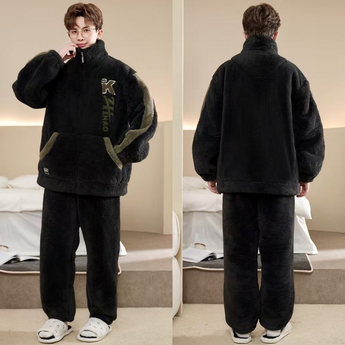 91家纺网 家纺一手货源 找家纺 （总）洛兰沙家居馆 2025新款睡衣男秋冬款加绒加厚珊瑚绒青少年冬天可外穿男士大码家居服套装