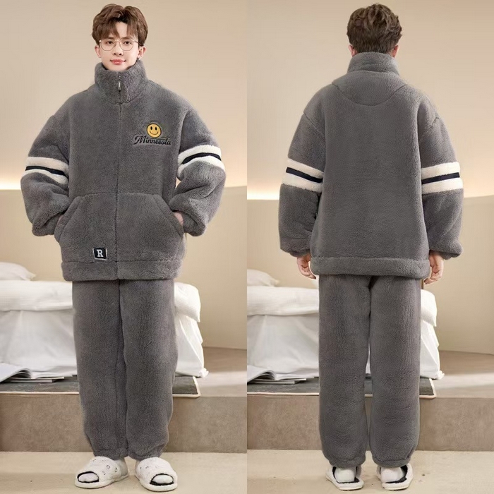 91家纺网 家纺一手货源 找家纺 （总）洛兰沙家居馆 2025新款睡衣男秋冬款加绒加厚珊瑚绒青少年冬天可外穿男士大码家居服套装