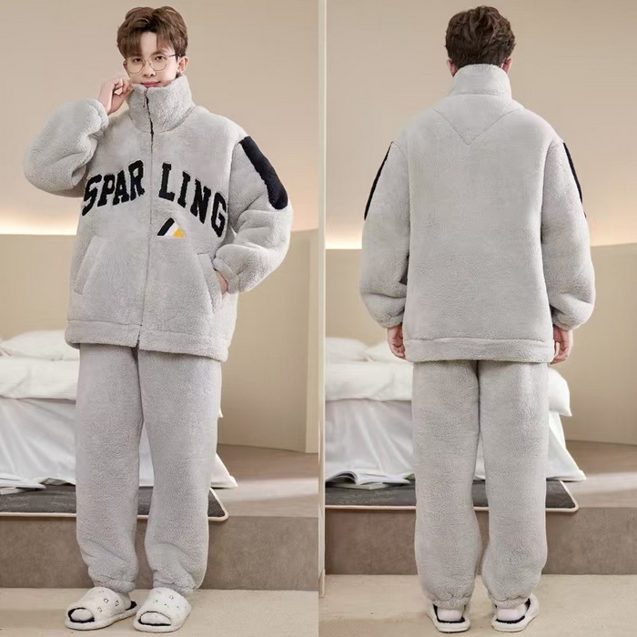 91家纺网 家纺一手货源 找家纺 （总）洛兰沙家居馆 2025新款睡衣男秋冬款加绒加厚珊瑚绒青少年冬天可外穿男士大码家居服套装