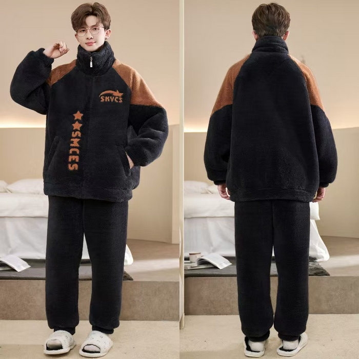 91家纺网 家纺一手货源 找家纺 （总）洛兰沙家居馆 2025新款睡衣男秋冬款加绒加厚珊瑚绒青少年冬天可外穿男士大码家居服套装