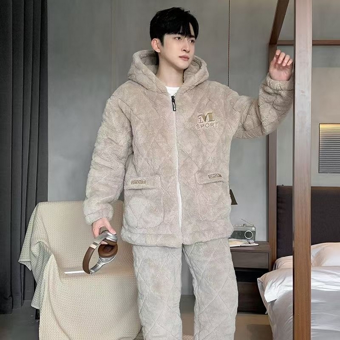 91家纺网 家纺一手货源 找家纺 （总）洛兰沙家居馆 2025新款现货男士睡衣冬季珊瑚绒拉链三层夹棉加厚加绒套装秋冬款