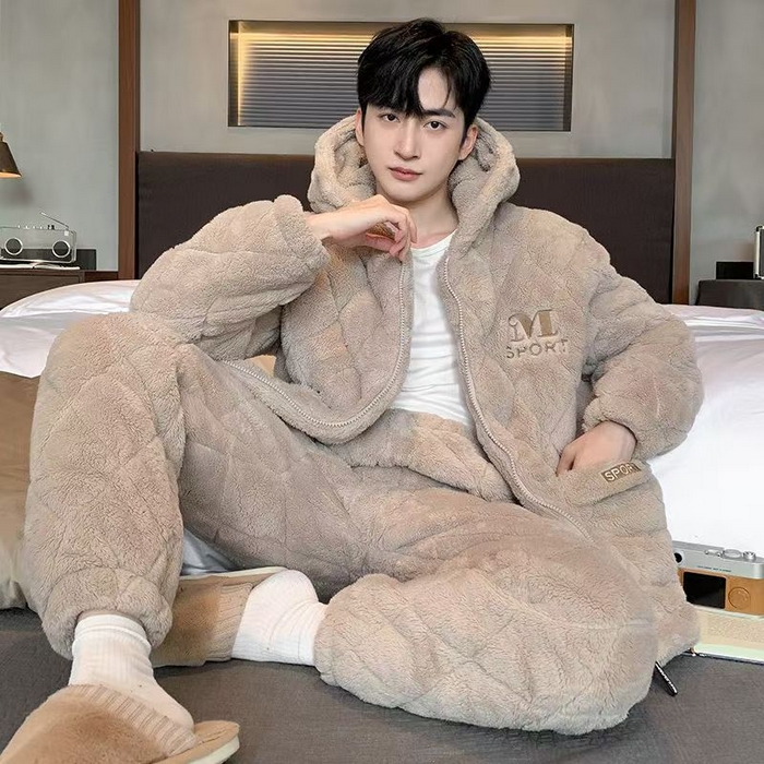 91家纺网 家纺一手货源 找家纺 （总）洛兰沙家居馆 2025新款现货男士睡衣冬季珊瑚绒拉链三层夹棉加厚加绒套装秋冬款