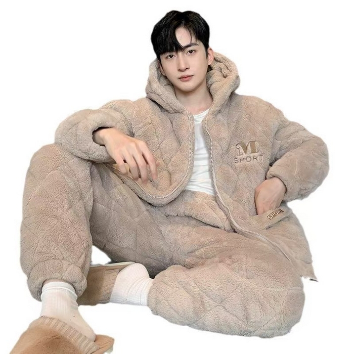 91家纺网 家纺一手货源 找家纺 （总）洛兰沙家居馆 2025新款现货男士睡衣冬季珊瑚绒拉链三层夹棉加厚加绒套装秋冬款