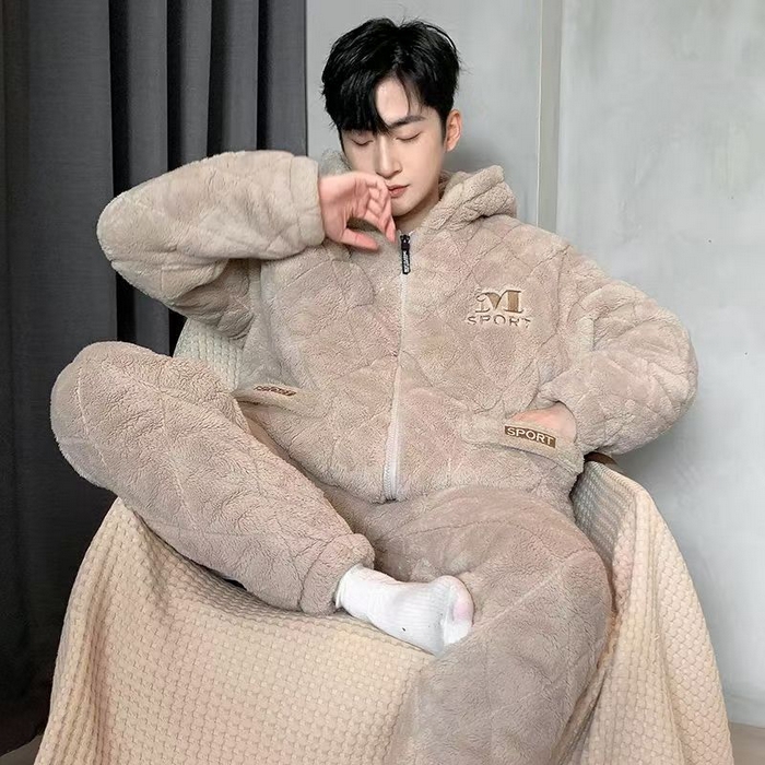 91家纺网 家纺一手货源 找家纺 （总）洛兰沙家居馆 2025新款现货男士睡衣冬季珊瑚绒拉链三层夹棉加厚加绒套装秋冬款