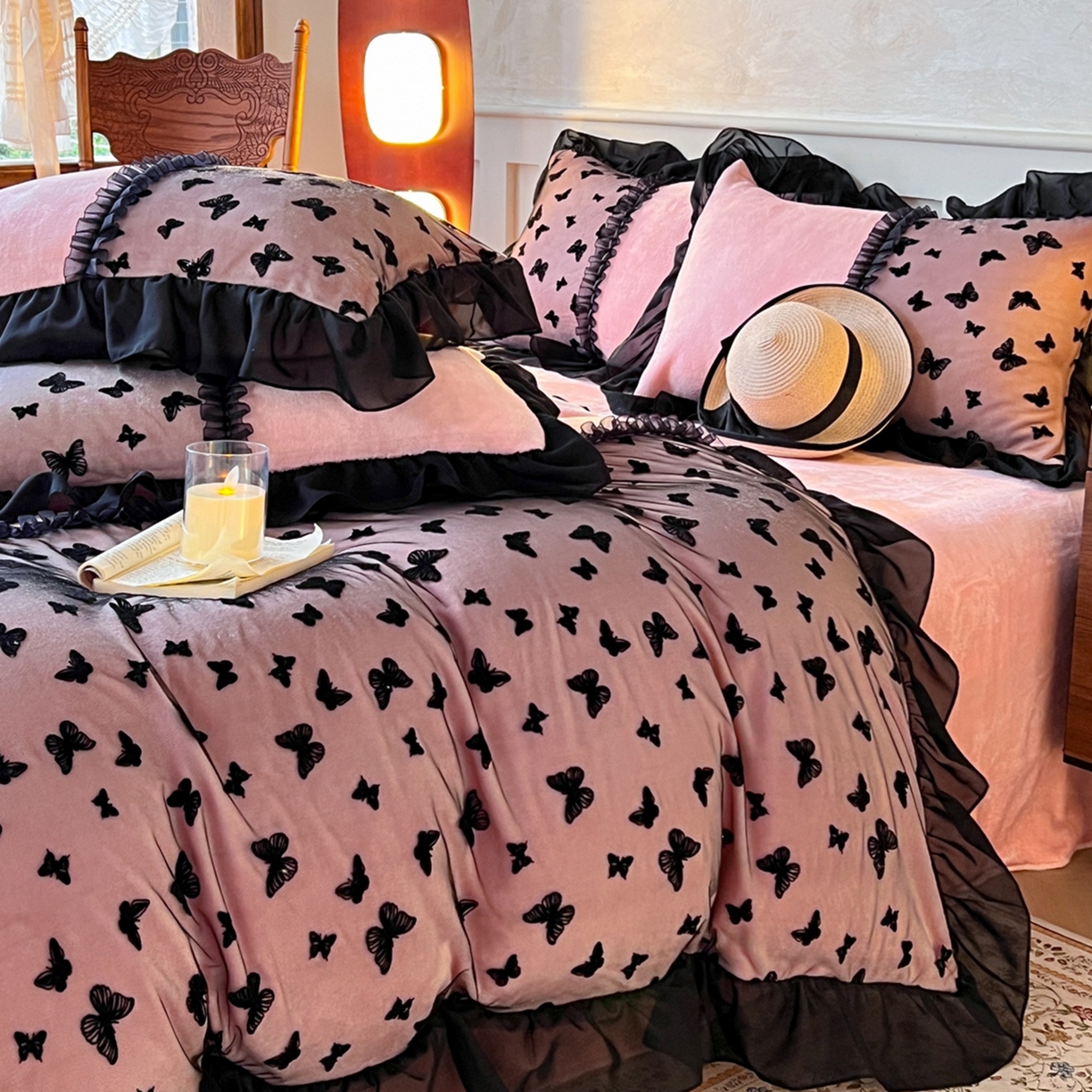 91家纺网 家纺一手货源 找家纺 韩秀家纺 2025新款法式加厚牛奶绒莫奈花园床裙四件套 莫奈花园-玉