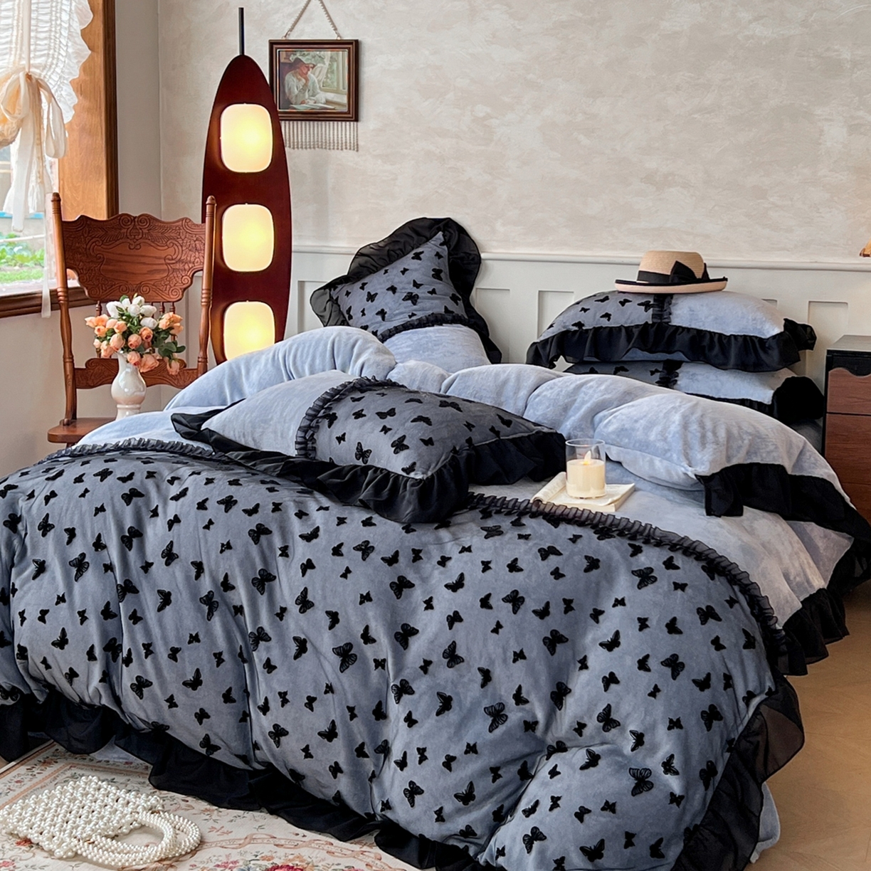 韩秀家纺 2025新款法式加厚牛奶绒莫奈花园床裙四件套 莫奈花园-灰