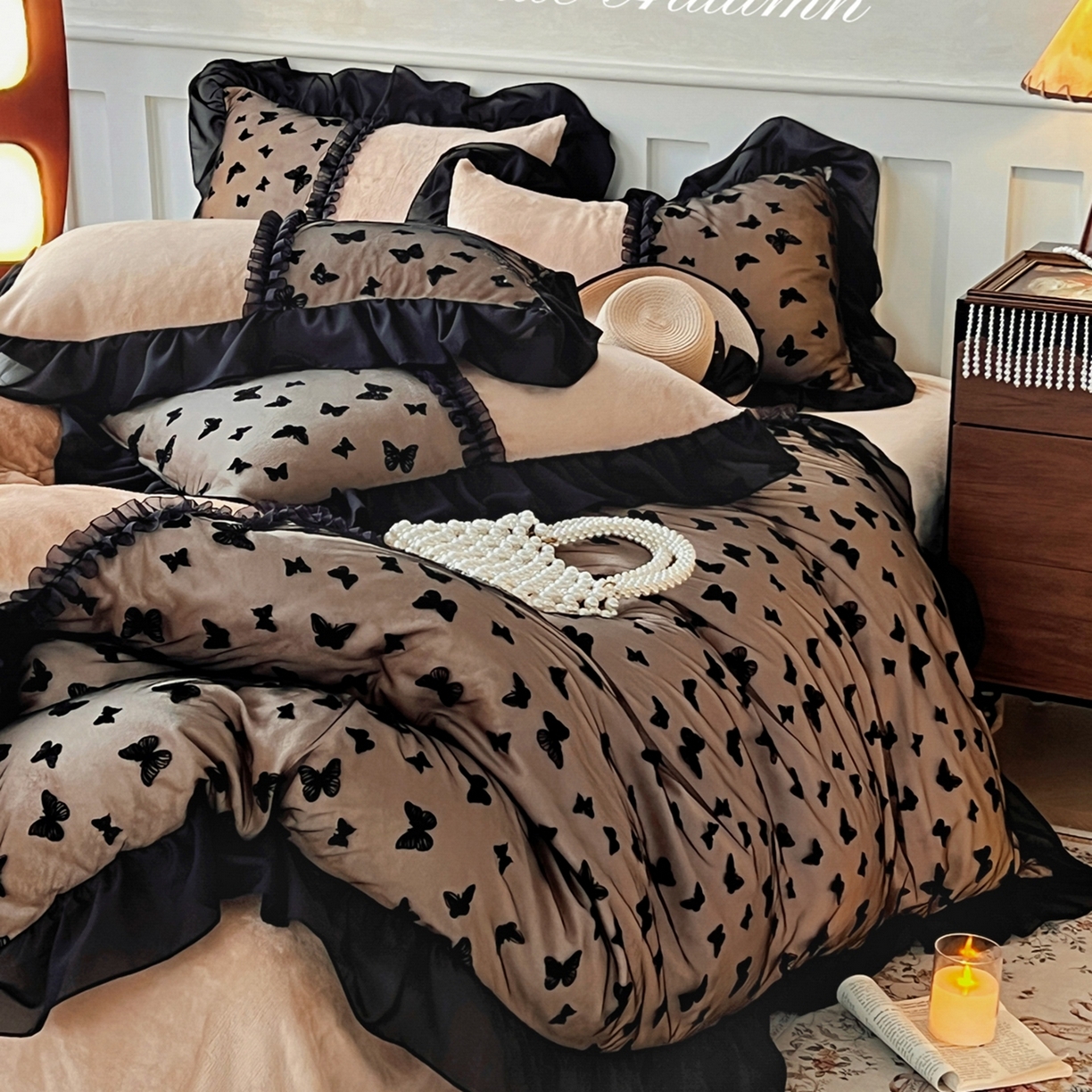 91家纺网 家纺一手货源 找家纺 韩秀家纺 2025新款法式加厚牛奶绒莫奈花园床裙四件套 莫奈花园-咖